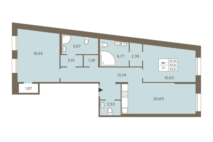 2-комнатная квартира 92.61 м², 2/3 эт., ЖК «Северная Корона»